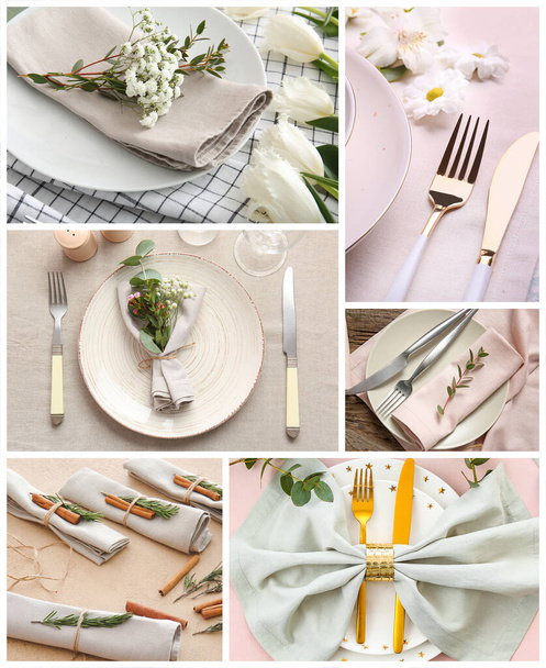 Conjunto de diferentes configuraciones de mesa con decoración floral
 - Foto, Imagen