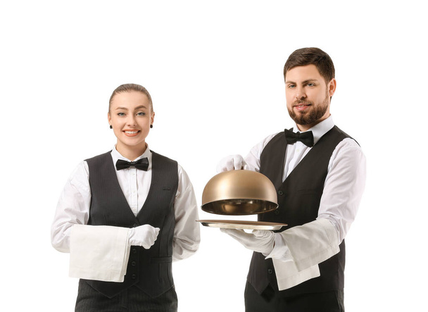 Мужчины и женщины официанты на белом фоне
 - Фото, изображение