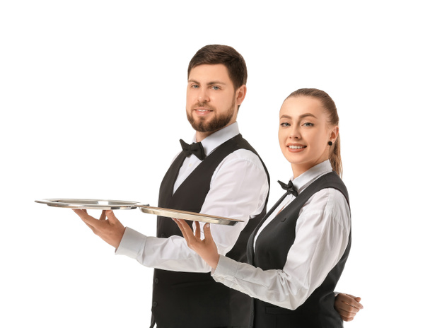 Männliche und weibliche Kellner auf weißem Hintergrund - Foto, Bild