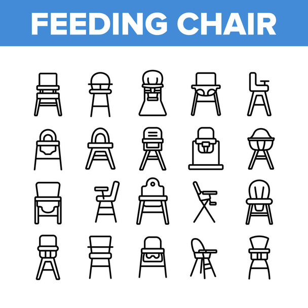 Etetés baba szék gyűjtemény ikonok beállítása vektor. Gyermekkori vacsora szék, bútor szék asztallal etetésre kisgyermek koncepció lineáris piktogramok. Monokróm kontúr illusztrációk - Vektor, kép