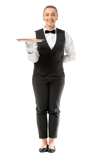 Beautiful female waiter on white background - Foto, Imagen