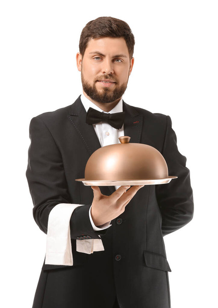 Handsome male waiter on white background - Photo, Image