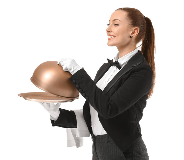 Beautiful female waiter on white background - Фото, зображення