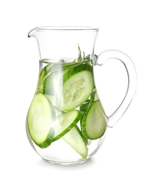 Jug of cucumber infused water on white background - Fotó, kép