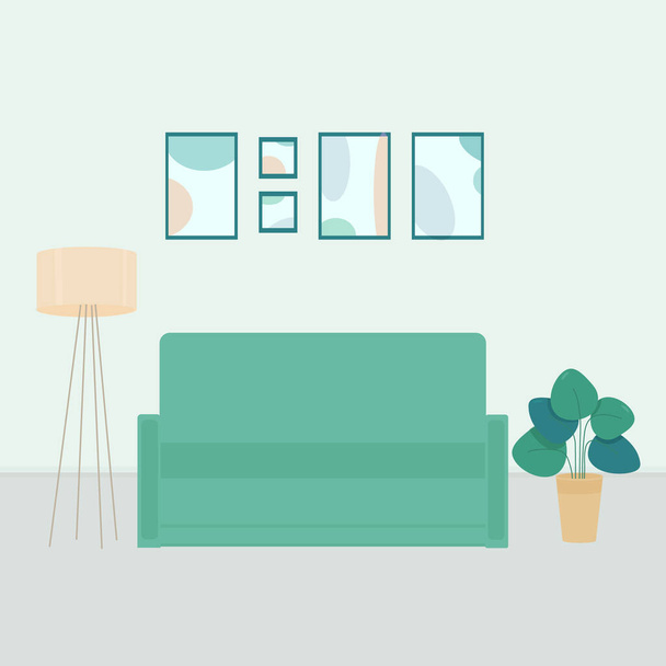 Cute room interior, furniture, sofa, shelf with books and home flowers, lamp, design.  - Vector, Image