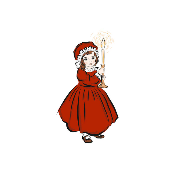 Маленька дівчинка, одягнена в різдвяний червоний м'яч, тримає свічку з палаючою свічкою. Принцеса в народному костюмі з мереживом
.  - Вектор, зображення