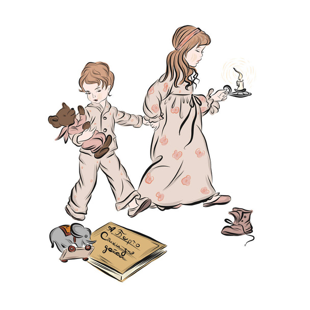  Dívka a její mladší bratr jdou spát, drží se za ruce a nesou svíčku a medvídka. Hračky roztroušené po podlaze - slon, kniha a bota. Děti v pyžamu.  - Vektor, obrázek