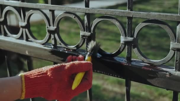 hand with brush painting iron fence - Footage, Video