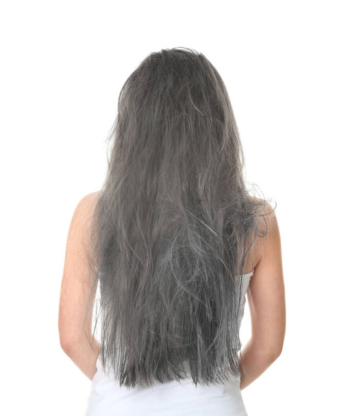 Woman with tangled gray hair on white background, back view - Fotó, kép