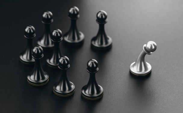 3D illustration of pawns over black background. Concept of ostracism and person socially rejected from a group. - 写真・画像