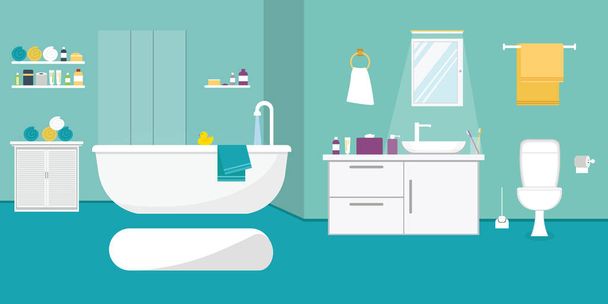 Intérieur de la salle de bain avec des meubles de style design plat. Illustration vectorielle
. - Vecteur, image