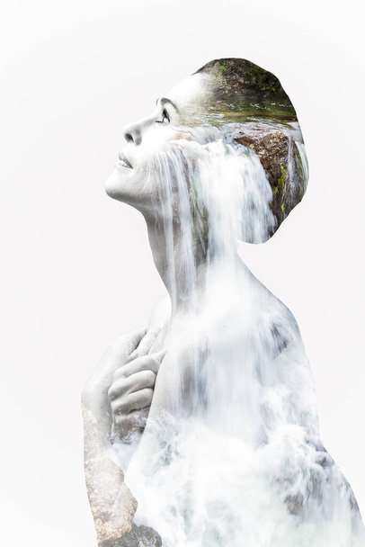 Double exposure image of a woman portrait with a waterfall in landscape - Photo, image