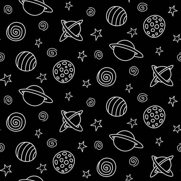 Dark space seamless pattern. White outline planets and stars on black background. Vector Cosmic texture. For kids design, fabric, wrapping paper, cover, wallpaper, textile, apparel. - Vector, Image