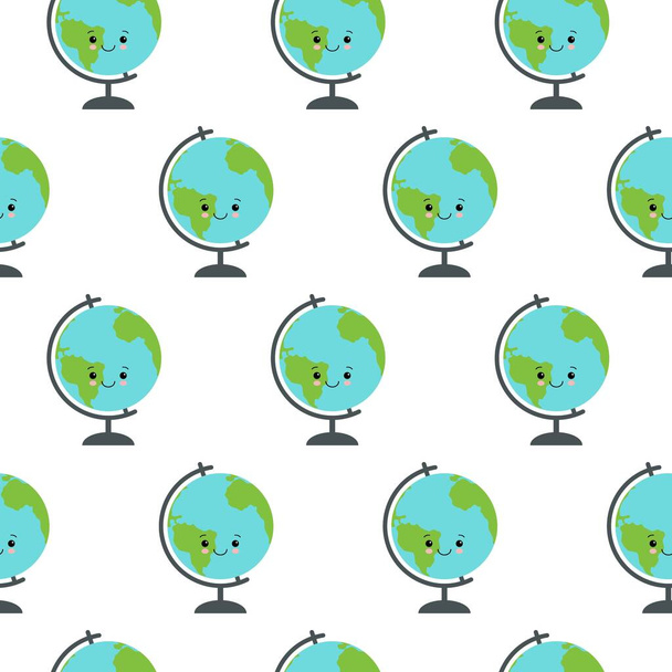 Seamless pattern with cute character earth globe with stand isolated on white background. World map. Earth icon. Vector illustration for design, web, wrapping paper, fabric, wallpaper. - Vektör, Görsel