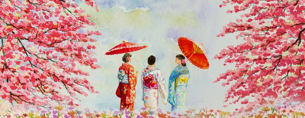 Viajar en otoño colorido de Japón - Famosos lugares de interés de los asiáticos. Mujer usando kimono tradicional japonés con paraguas. Ilustración de pintura acuarela en el fondo del cielo, atracción turística popular
 - Foto, Imagen