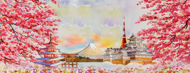 Lugares de interés turístico famosos de Japón en el Asia. Ilustración de pintura de acuarela Monte Fuji, hermosa arquitectura con fondo de temporada de otoño, ciudad de negocios de atracción turística popular
. - Foto, Imagen