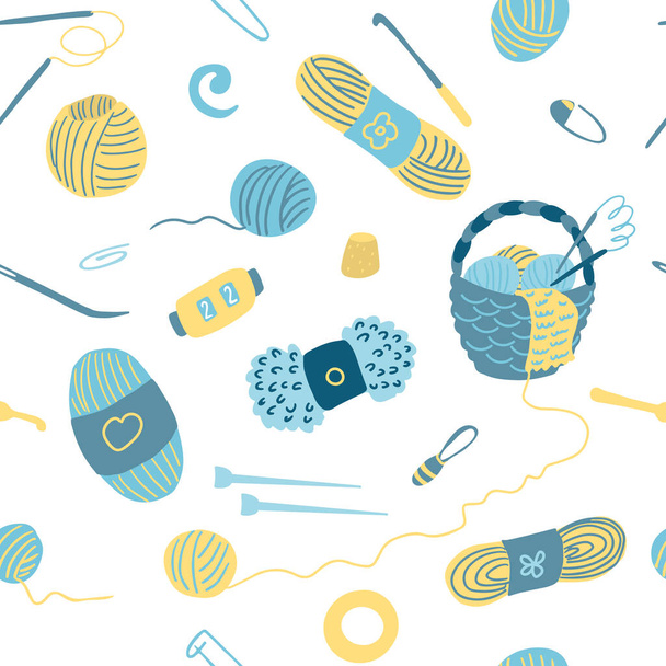 Vector seamless pattern with knitting tools. Wicker basket, ball of wool, yarn, needles, stitch markers, hooks. Illustration on white background. Great for fabrics, wrapping papers, covers. - Vector, imagen