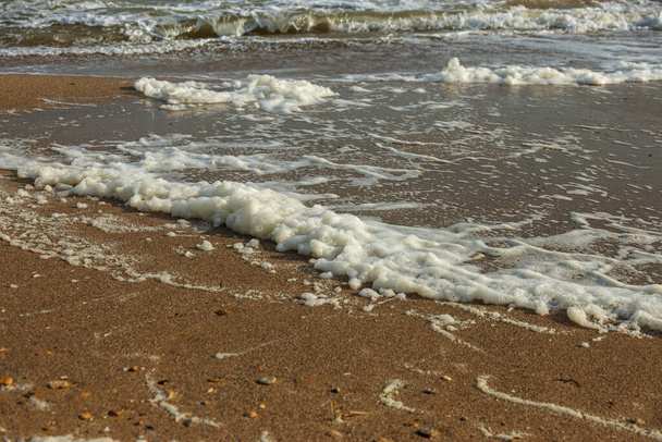Een zeegolf loopt op het zand van een strand met schuim aan wal. Zeegezicht in zonsondergang kleuren. Mooie natuurlijke achtergrond voor design en decoratie - Foto, afbeelding