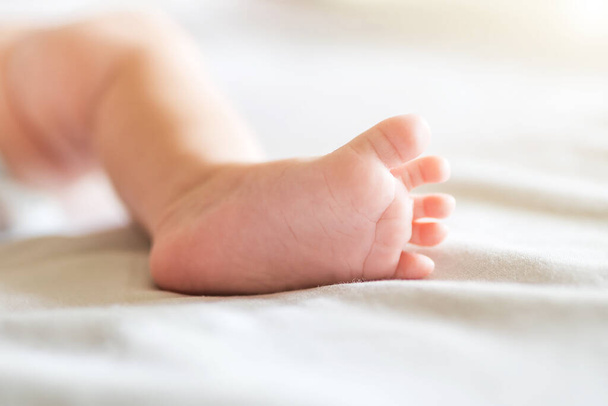 Feet of a newborn baby. Tiny baby feet Selective focus - Photo, Image