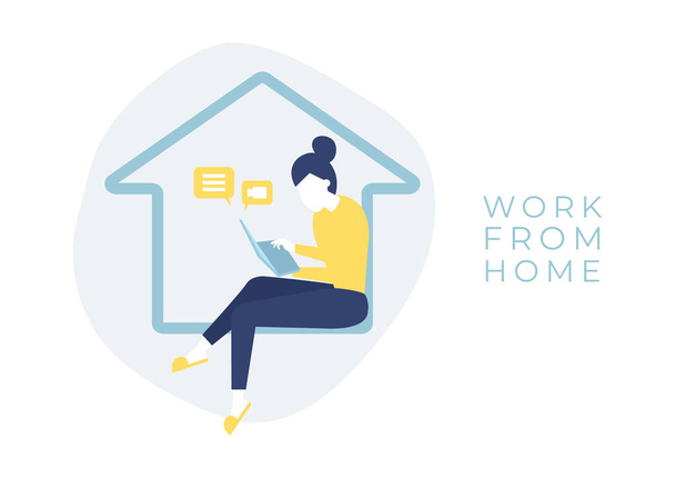 Frau sitzt in einem Haus mit einem Notebook in der Hand. Arbeit von zu Hause aus. - Vektor, Bild