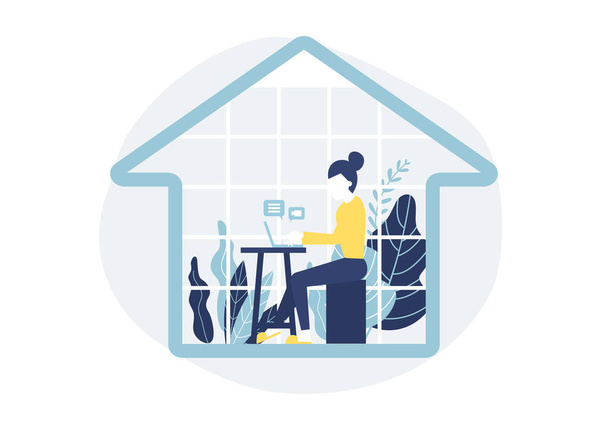 Woman sitting at a desk in the house with a notebook computer. Work from home concept. - Vector, Image
