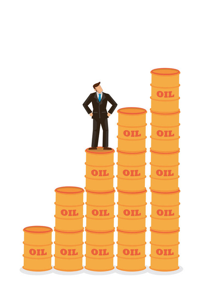 Businessman looking forward on top of oil barrels. Concept of rising oil prices and increase of petroleum costs due to the economy. Vector illustration. - Vector, Image
