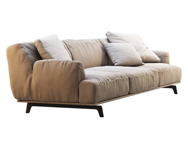 Μοντέρνος μπεζ υφασμάτινος καναπές υφασμάτινος καναπές ταπετσαρίας με μαξιλάρια σε λευκό φόντο. Μεσαίωνας, Μοντέρνο, Loft, Chalet, Σκανδιναβικό εσωτερικό. 3d απόδοση - Φωτογραφία, εικόνα