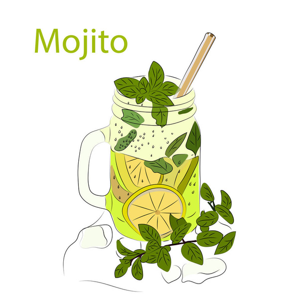 Cocktail met limoen en munt. Mojito. Vectorillustratie - Vector, afbeelding
