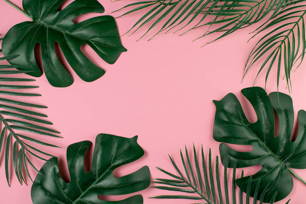 Concepto de verano. Hojas de palma sobre fondo rosa
. - Foto, Imagen