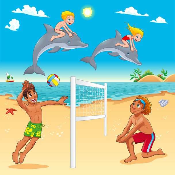 Divertida escena de verano con delfines y voley de playa
 - Vector, imagen