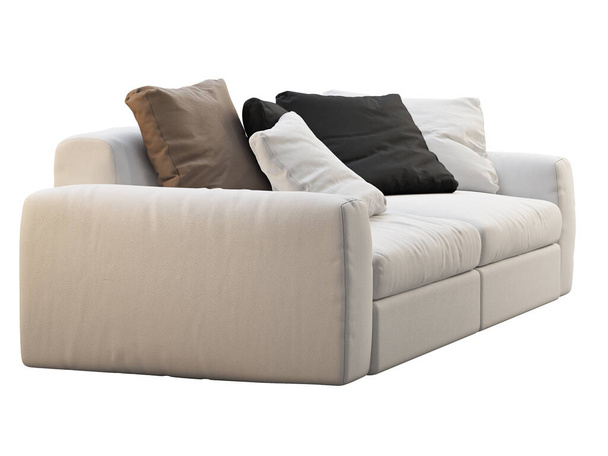 Modern fehér szövet kanapé. Textil kárpitos kanapé színes párnákkal fehér háttéren. Század közepe, modern, tetőtér, faház, skandináv belső tér. 3d renderelés - Fotó, kép