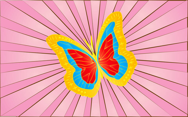 Velký zlatý motýl s křídly na pozadí abstraktních purpurových paprsků. Vektorová ilustrace - Vektor, obrázek