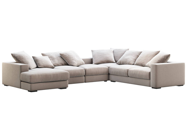 Μοντέρνος μπεζ υφασμάτινος καναπές Γωνιακός καναπές υφασμάτινος με μαξιλάρια σε λευκό φόντο. Μεσαίωνας, Μοντέρνο, Loft, Chalet, Σκανδιναβικό εσωτερικό. 3d απόδοση - Φωτογραφία, εικόνα