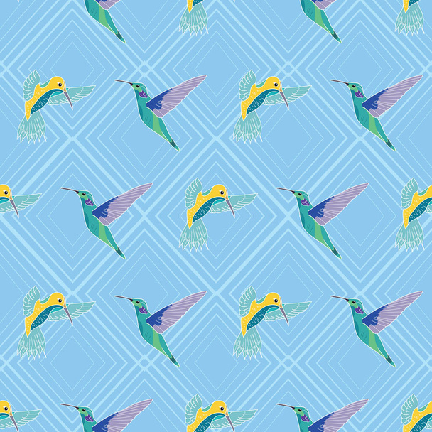Colorful HummingBirds seamless pattern on textured light blue background illustration - Вектор,изображение