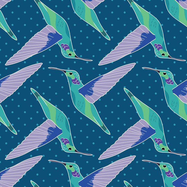Colorful HummingBirds seamless pattern on blue polka dots background illustration - ベクター画像