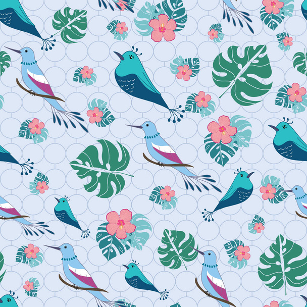 Seamless pattern tropical birds and flowers on pastel purple background illustration - Вектор,изображение