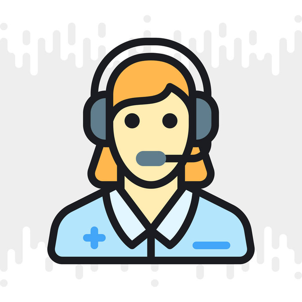 Notdienst, Notruf oder Bedienersymbol. Junge Frau mit Kopfhörer telefoniert. Einfache Farbversion auf hellgrauem Hintergrund - Vektor, Bild
