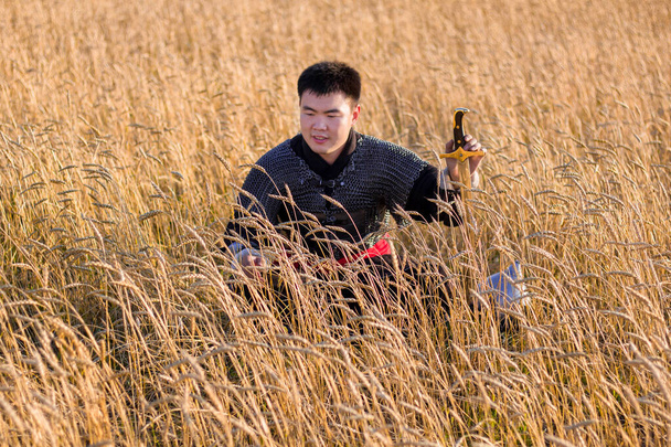 Azjatycki wojownik w orientalnej zbroi z szablą w ręku, siedzący na polu pszenicy.. - Zdjęcie, obraz