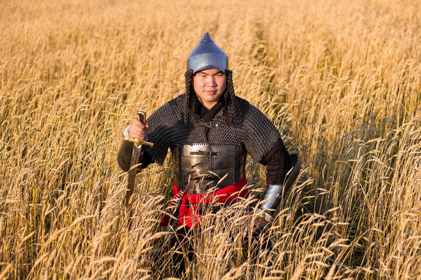 Guerrier asiatique en armure orientale et avec un sabre dans les mains assis dans un champ de blé
. - Photo, image