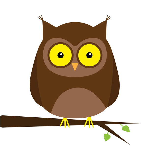 Owl on the tree branch with leaf. Big yellow eyes. Cute cartoon kawaii funny baby character. Notebook cover, t-shirt print. White background. Isolated. Flat design. Vector illustration - Wektor, obraz