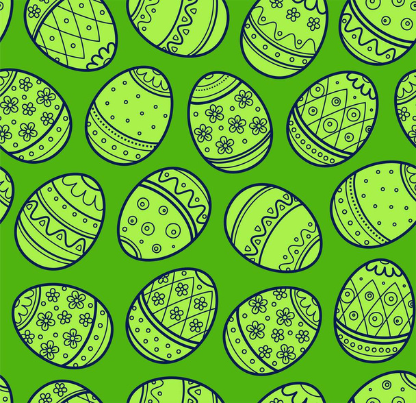 Easter pattern, seamless, green eggs. Green eggs with a dark outline. Decorative flat background. Easter vector pattern.  - Vektör, Görsel