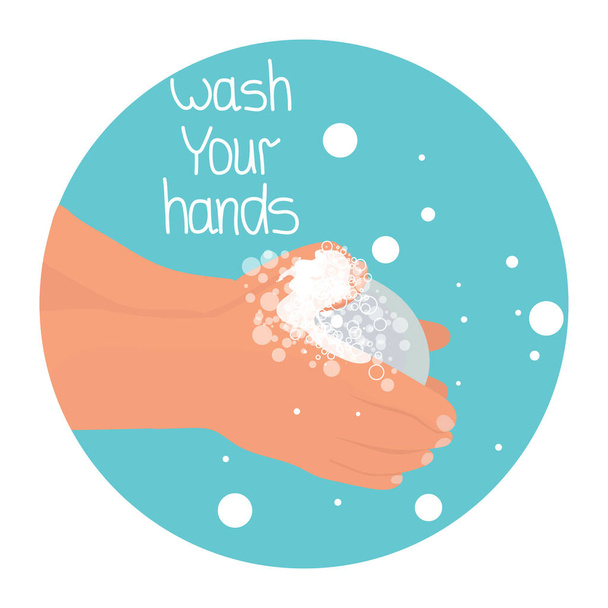 青の背景に隔離された石鹸漫画のベクターストックイラストで手を洗う。ウイルスや細菌を防ぐために。平面形式のデザイン. - ベクター画像