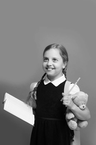 Girl with braids and happy face. Pupil holds blue book - Foto, Imagen