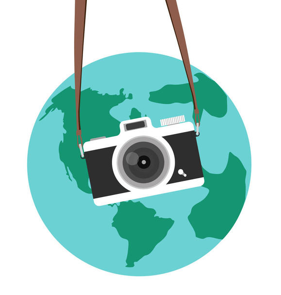 hanging camera vector  flat style with earth - ベクター画像