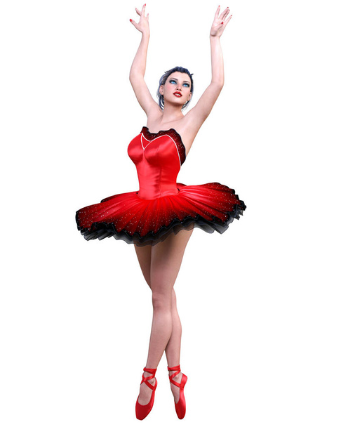 Dancing ballerina.Red ballet tutu.Dark hair girl blue eyes.Ballet street dancer.Studio photography.High key.Conceptual fashion art.3D render isolate illustration. - Foto, Bild
