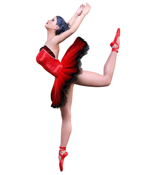 Dancing ballerina.Red ballet tutu.Dark hair girl blue eyes.Ballet street dancer.Studio photography.High key.Conceptual fashion art.3D render isolate illustration. - Foto, Imagem