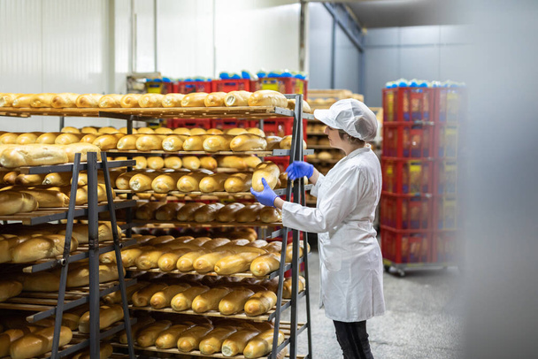Молода жінка-працівник, що працює в хлібопекарні. Вона кладе хліб на полицю
. - Фото, зображення