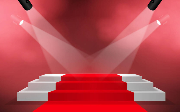 bílé pódium a červený koberec s reflektorem na jevišti - Vektor, obrázek