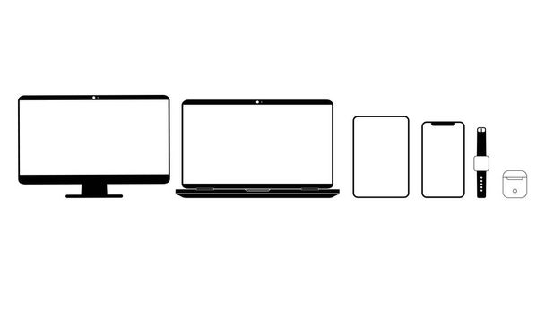 Nowy zestaw ikon urządzenia w kolorze czarnym: smartfon, laptop, monitor komputera, tablet, słuchawki i inteligentny zegarek na białym tle. Wektor EPS 10. - Wektor, obraz