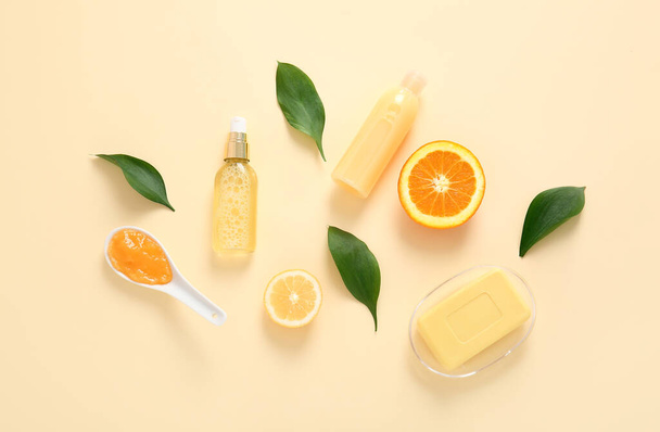 Natural cosmetics with ingredients on color background - Fotoğraf, Görsel